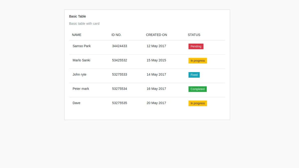 Bootstrap 4 Basic Table With Card screenshot