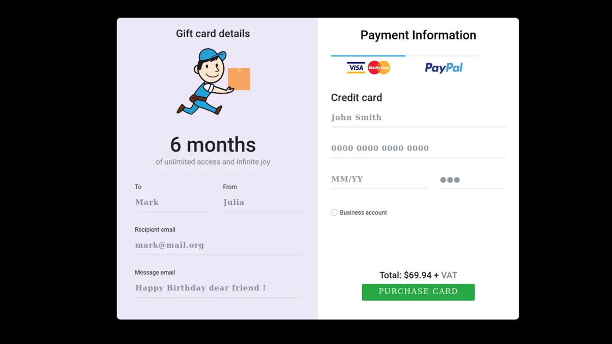 Bootstrap 4 Gift Card Payment Form screenshot
