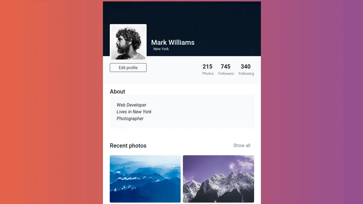 Bootstrap 4 Individual User Profile screenshot