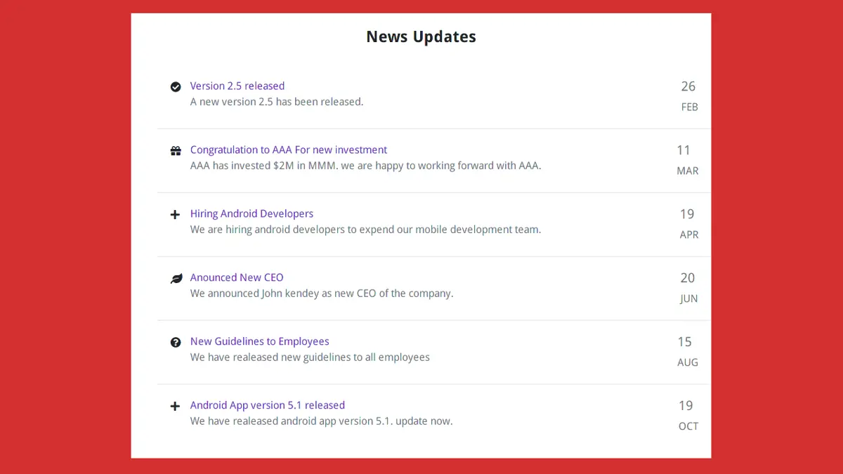 Bootstrap 4 Latest Updates List screenshot