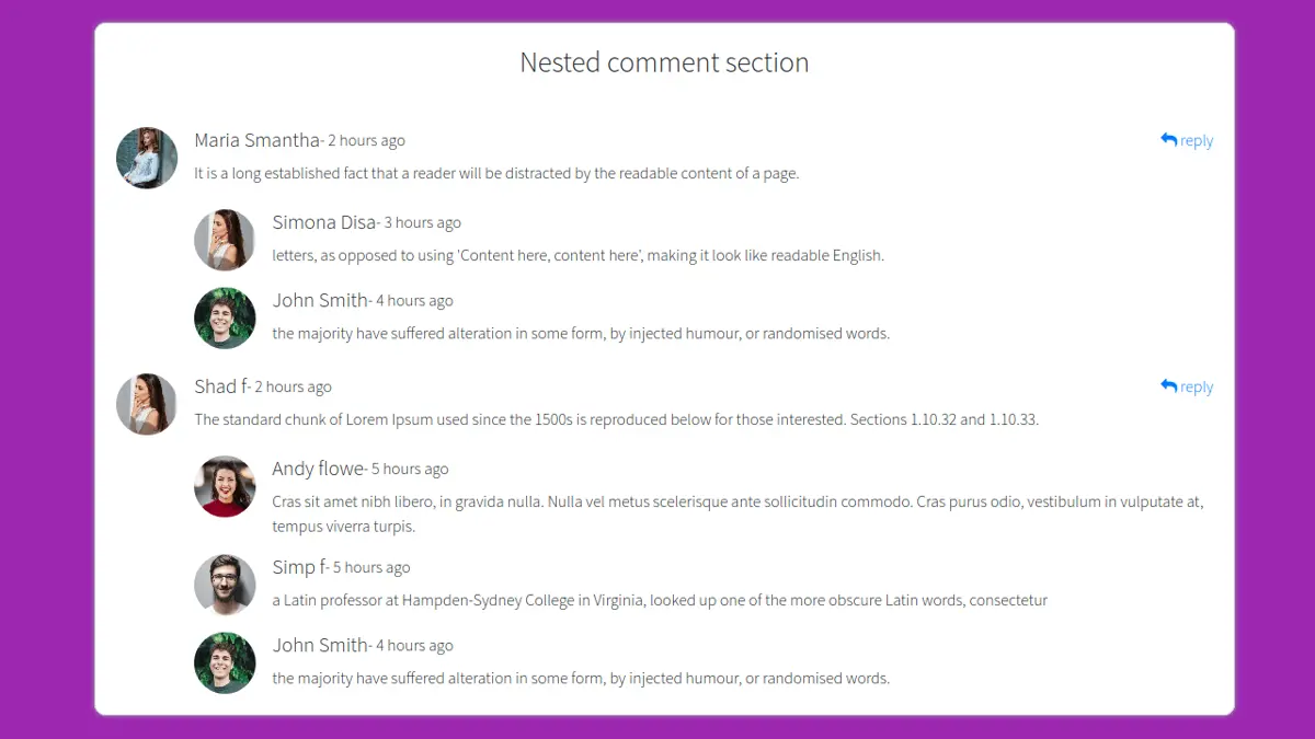 Bootstrap 4 Nested Comment Section With Reply screenshot