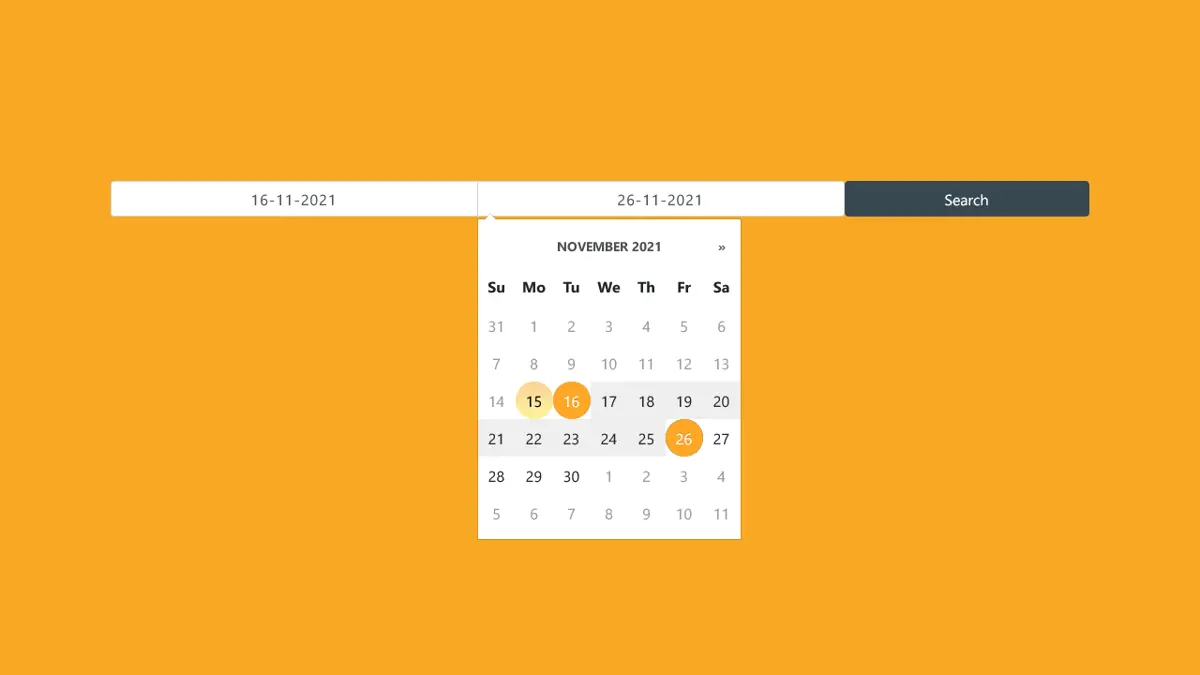 Bootstrap 4 Orange Themed Datepicker With Date Range screenshot