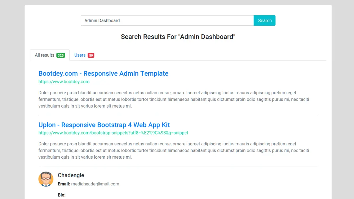Bootstrap 4 Search Results With Users screenshot