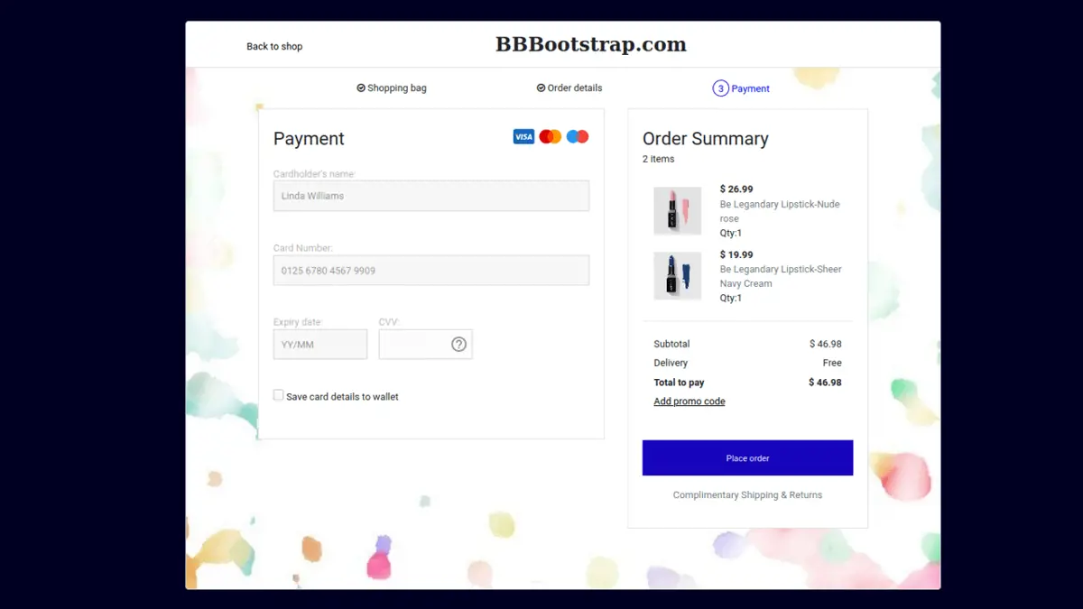 Bootstrap 4 Step Credit Card Payment Form screenshot