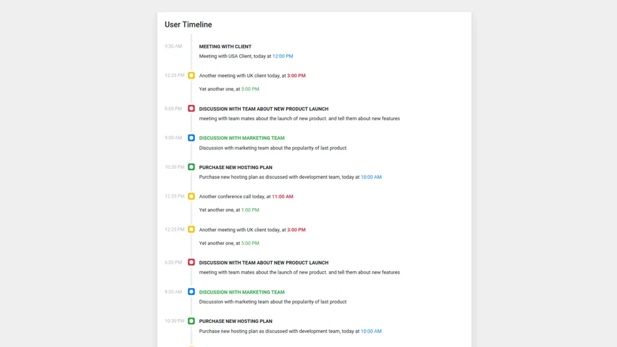 Bootstrap 4 User Business Timeline With Time screenshot