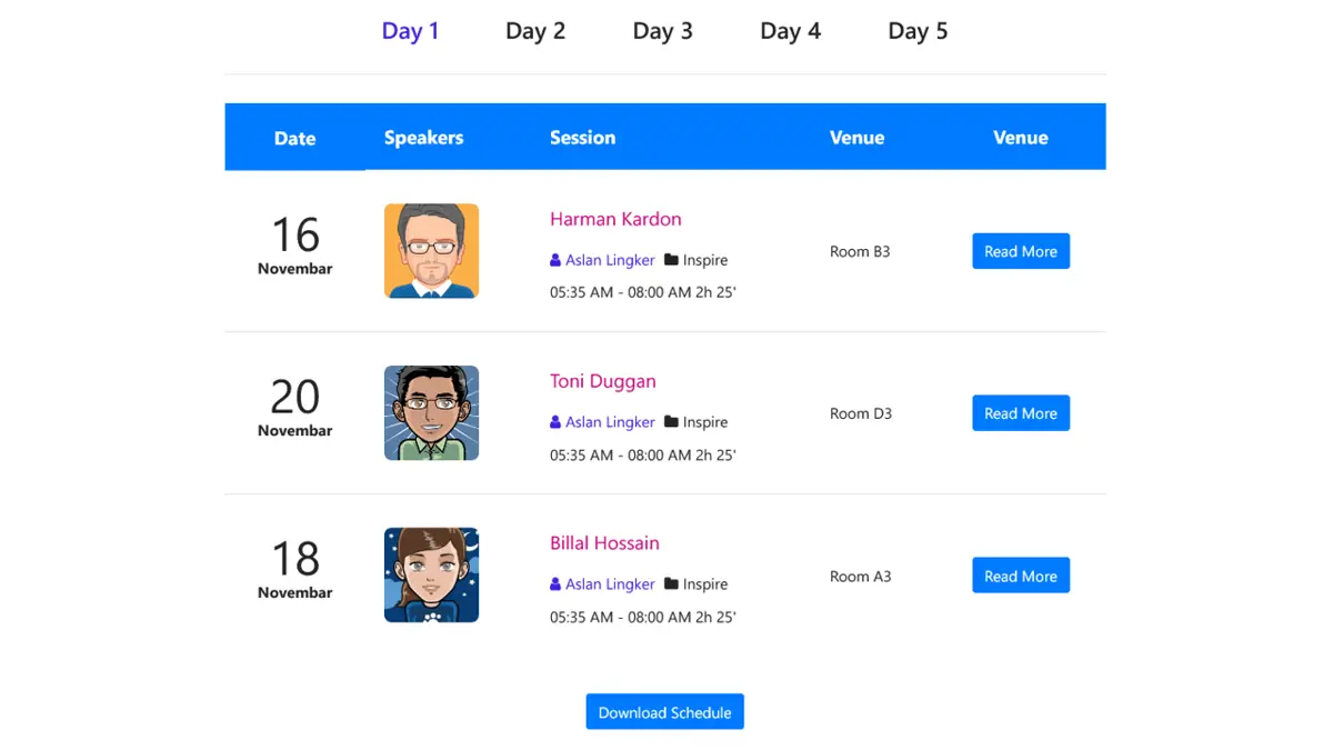 Bootstrap Event Schedule List screenshot
