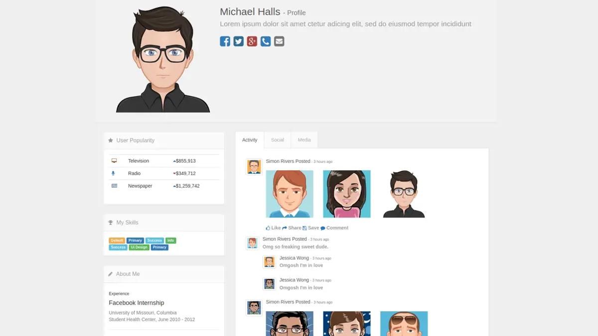 Bootstrap Media Profile screenshot