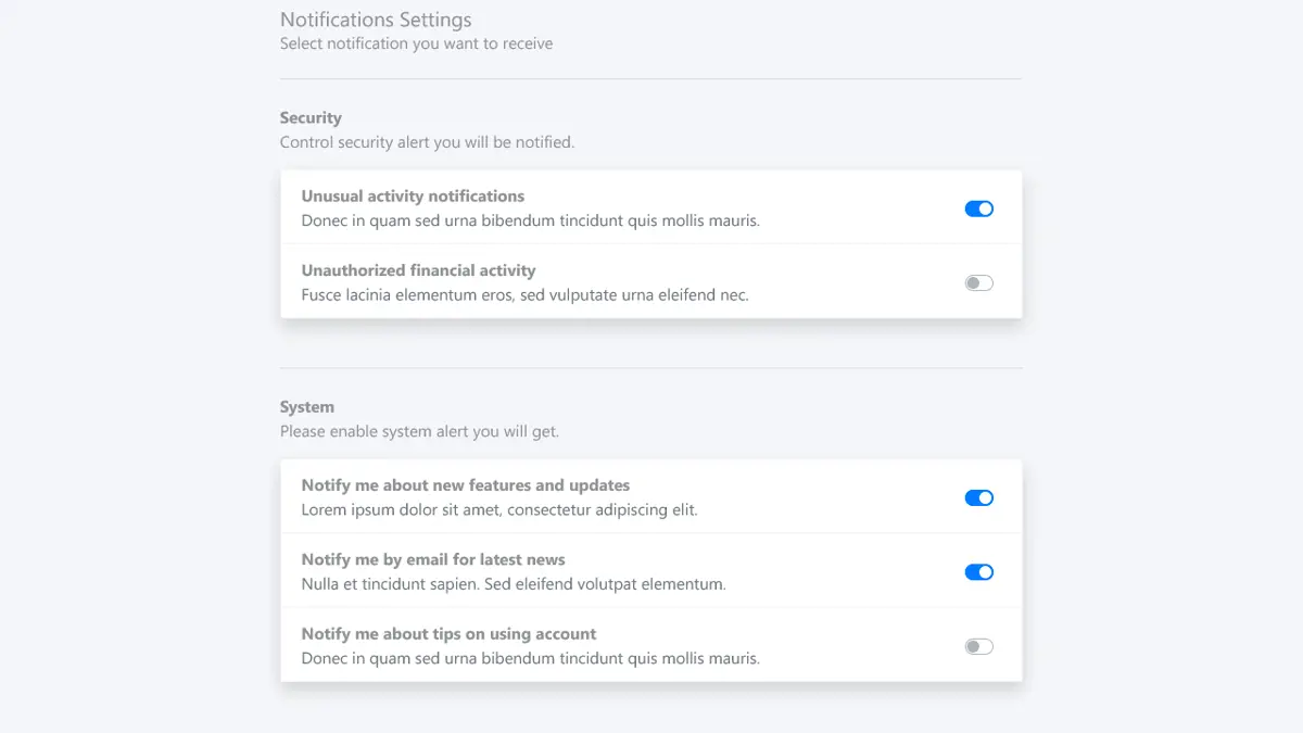 Bootstrap Profile Notification Settings screenshot