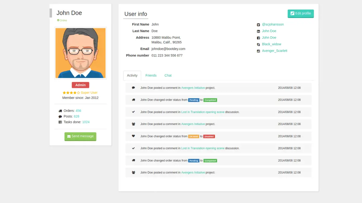 Bootstrap User Profile With Friends And Chat screenshot